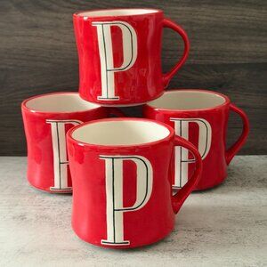 Anthropologie Set of Four Red "P" Monogram Hand Painted Ceramic Mugs 14oz. 3.75"